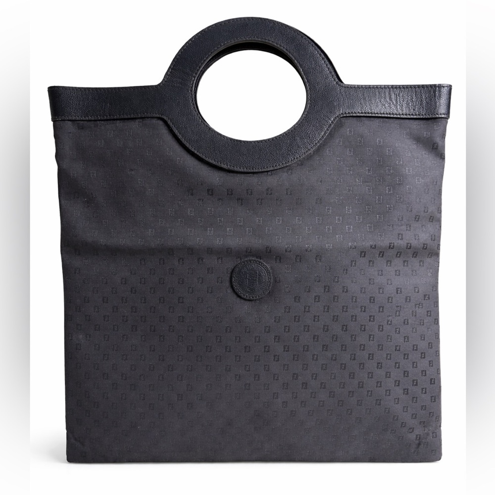 Vintage FENDI Zucca FF ShopTote Cutout Handle Frame Bag Black Italy Authentic
